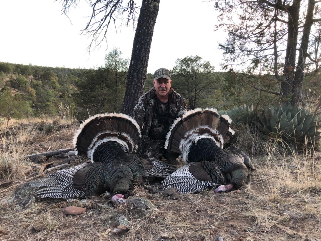 image of hunter with 2 trophy Goulds Turkeys